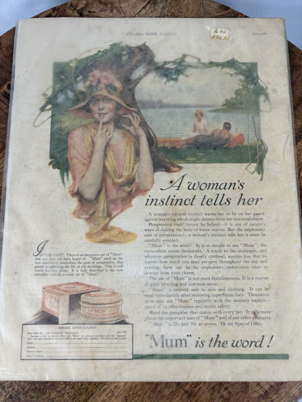 Original 1926 Vintage Health & Beauty Ad: Mum, A women's instinct tell her